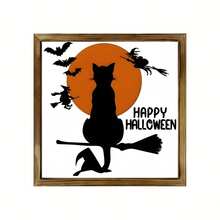 1 PIEZA Decoración de pared de madera de estilo vintage de granja para Halloween - Gato brujo con escoba, murciélago y silueta de calabaza - Decoración de madera natural para interiores/exteriores - Ideas de regalo únicas, para el hogar, la oficina o la cafetería, regalo perfecto para fiestas y vecinos, decoraciones de Halloween