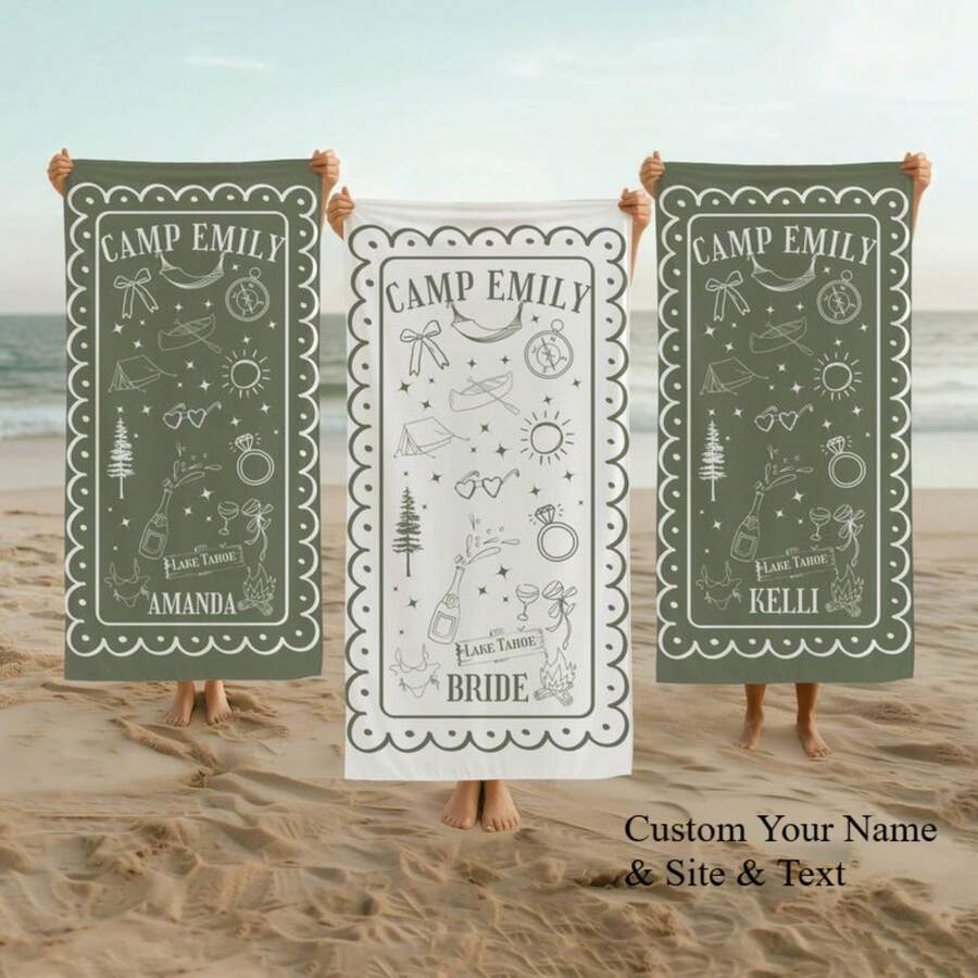1pc 29″X58″ 31″X71″ Custom Bachelorette Beach Towel Personalized Camp Bachelorette Party Pool Towel Custom Bridal Party Gifts Camping Bachelorette Lake Theme - 白色 - 查看 1