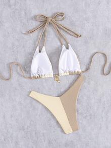 Conjunto de bikini de estilo europeo y americano de unicolor, con diseño lindo y sexy con espalda descubierta, para playa y vacaciones de verano