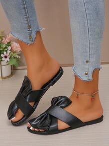 Sandalias planas de mujer con tiras transparentes y diseño gráfico, sandalias planas de piel de PU elegantes y de moda