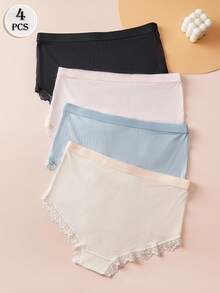 4PCS Lace Pure Bielizna Damska, Średni Stan Wygodne Majtki Casualowe, Wysoka Elastyczność I Przewiewność, Odpowiednie Na Wszystkie Pory Roku. Dostępne W Wielu Kolorach I Jednolitych Kolorach Dla Majtek