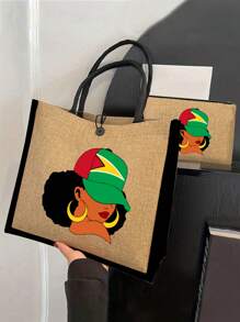 Lightweight Handbag And Matching Makeup Bag - Made Of Waterproof And Easy To Clean Fabric, With A Hat And The "" Letter Pattern For Women, Suitable For Shopping, Travel, Beaches, Teacher Thank-You Gifts, And Women's Linen Large Capacity Handbags. Innovative Design And Large Capacity Make It An Ideal Shopping Bag.