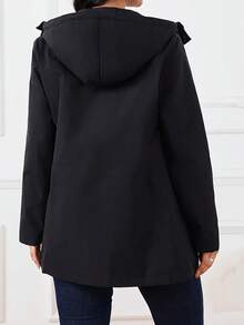 Plus Size Women Casual Hooded Jacket - Solid Color, Button Detail, Washable, Spring/Autumn - Black - View 2