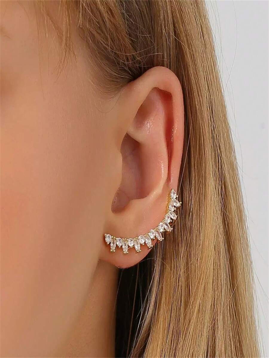 1pc Zirconia Stone Fake Ear Clip Earrings, Women Daily Wear, Casual Party Business Celebration Festival, Versatile Jewelry Silver Gold Zirconia Earrings