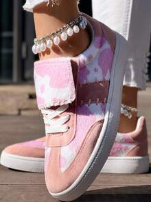 Women's Pink Casual Sneakers, Lace-Up Comfortable & Lightweight Flat Shoes, College Style, Suitable For Spring & Summer, Plus Size - 粉色 - 查看 2