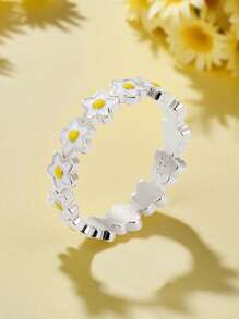 1 Stück 925 Sterling Silber Hypoallergener Ring in Blumenform mit gelber Emaille - süß und niedlich - perfekt für den täglichen Sommer-Stil von Mädchen oder Picknick-Ausflüge - ideales Geburtstags-/Feiertagsgeschenk für Töchter/Enkelinnen