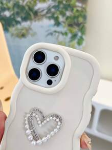 1pc Cute Comfortable Faux Pearl Double Heart Silver Letter Design Phone Case Compatible With Apple 16Pro Max/ Galaxy S24 Ultra, Infinix Smart 8/Infinix Hot 40i/Spark 20/Spark 20C/Spark Go 2024