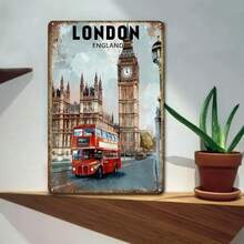 2D Flat, Printing Metal Tin Plate,Retro London England Travel Poster , Fun Poster, Suitable For Outdoor Wall Decoration, Street Yard Porch Garage Home Cafe Bar Club Manhole Cover Farm Garden Shop Restaurant Wall Art Tinplate Metal Painting Art Logo - Apricot - View 3