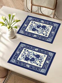 1 Pieza / 4 Piezas / 6 Piezas Set de Individuales con diseño de ramas florales azules, 30.48x45.72 cm, individuales estilo chinoiserie - Lavables, resistentes al calor de tela de lino, individuales rectangulares para decoración interior/exterior de cocina y comedor, decoración de mesa interior | Decoración de mesa floral | Individuales resistentes al calor, individuales para mesa - Multicolor - Ver 2