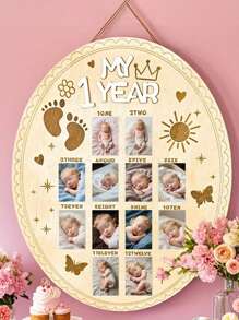 My First Year Photo Board Baby First Year Photo Frame 1st Year Birthday Display Photo Wood Board Baby 12 Months Milestone Picture Frame Baby Keepsake Gift Baby Shower First Birthday Party Decor