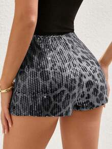 Pantalones cortos brillantes con estampado de leopardo de lentejuelas estilo Y2K vintage, adecuados para fiestas rave y festivales de música, pantalones de moda para mujeres, ropa de verano Y2K - Gris - Ver 2