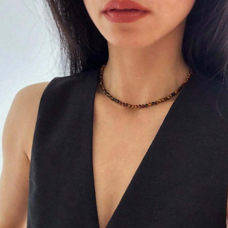 1 pieza Collar de cuentas de ojo de tigre de piedra natural vintage simple, gargantilla de piedra pequeña, para el Día de San Valentín, ocasiones diarias, como regalo