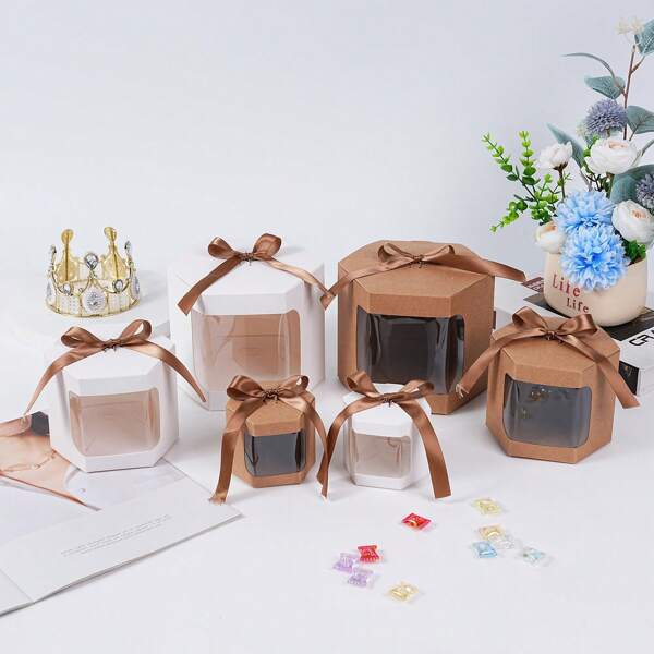 10pcs Hexagon Bow Gift Boxes With Display Window, Cardboard Material Gift Boxes, Birthday Party, Holiday Gifts Packaging Boxes, Small Paper Boxes
