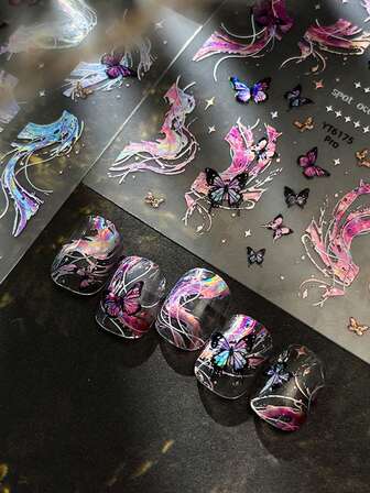 1pc Double-Layer Starry Sky & Butterfly Nail Art Stickers, Colorful & Cute Decorative Stickers