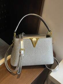 New Fashion Women's Handbag, Solid Color Minimalist PU Texture Pattern, Elegant V-Shaped Metal Hardware, Suitable For Dates, Shopping, Parties, Versatile & Exquisite Design