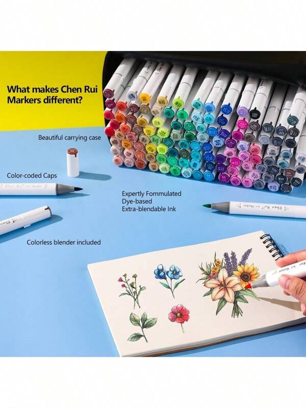 Chen Rui 120 colores, 1 set de marcadores de doble punta de alcohol, marcadores permanentes Chen Rui con punta de pincel y biselada con base, kit de suministros de arte para el libro de colorear del oso de peluche Bobbie Good, regalos para adolescentes, niños y artistas, perfecto para volver a la escuela