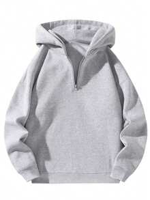 Men's Autumn/Winter Sport Casual Hooded Half-Zip Sweatshirt, Long Sleeve Top - Light Grey - View 2