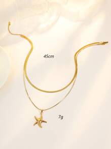 1pc Stainless Steel Gold Tone Double Layer Blade Chain Necklace With Starfish Pendant, Suitable For Women Beach Vacation Decoration