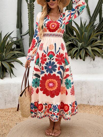 Women's Floral Print V-Neck Long Sleeve Waist Cinched Elegant Maxi Dress, Vacation