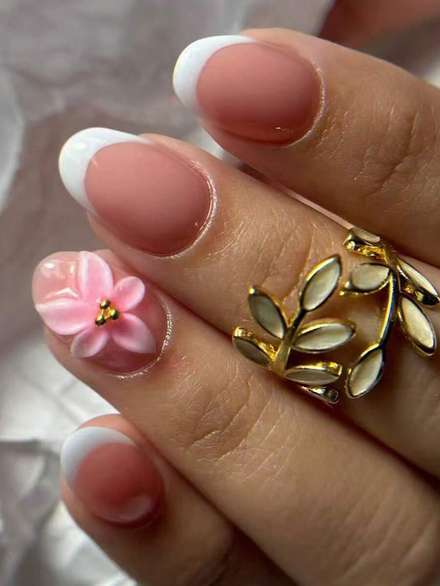 24 件/套短椭圆形白色 3D 凝胶花法式压模指甲，全贴合亚克力假指甲，包含 1 件果冻胶和 1 件指甲锉，春夏季指甲，适合女性和女孩日常工作、学习和派对使用美甲用品指甲