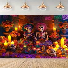1 banner orizontal 2D din poliester, design schelet Ziua Morților, recuzită multifuncțională pentru cabină foto, potrivit pentru Halloween, decor de perete, fundal de petrecere, decorare neelectrică pentru casă și evenimente