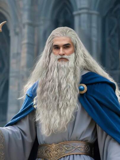 长卷灰色假发和胡须套装，灰色巫师卷发假发和胡须圣诞角色扮演圣诞老人服装配饰（成人款），男士派对假发（合成假发），趣味老爹假发，长灰色老人假发，术士穴居人胡须假发，经典名人电影角色假发，专业圣经耶稣假发