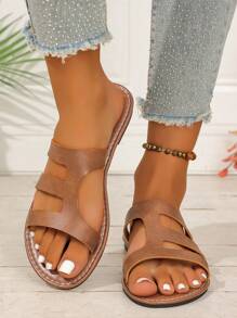 Damen Flache Sandalen, europäisch-amerikanischer Mode Lässig Offener Zeh Hohlmuster Riemen Strand Slides