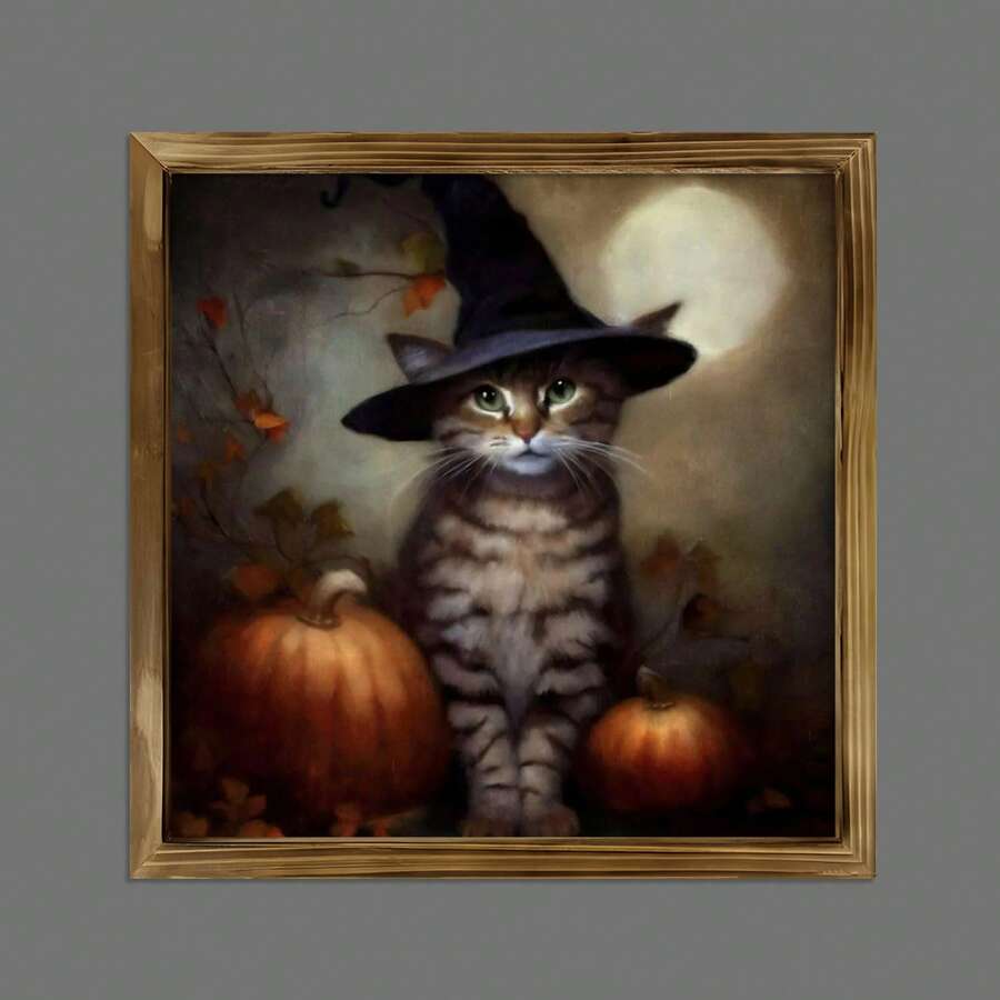 1 件万圣节墙壁艺术、可爱的虎斑猫万圣节艺术印刷品、房间装饰美学、家居装饰、房间海报、帆布墙壁艺术、可选框架、房间装饰用品、客厅装饰。