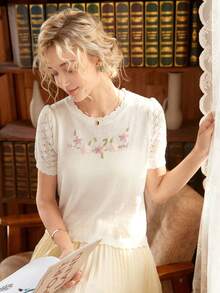 Women's Spring/Autumn Knitted Embroidered Round Neck Short Sleeve Hollow-Out Fitted Top, Casual Commuting Style (Pattern Random) - trắng - Xem 4