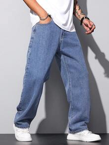 1 buah Celana Jeans Komuter Gaya Amerika Minimalis Hearty Haven Washed untuk Pria, Celana Panjang Kasual Serbaguna dengan Potongan Lebar dan Longgar (Tanpa Sabuk atau Aksesoris) - Biru - View 6