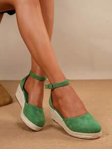 Zapatos Espadille de mujer con correa de tobillo, minimalistas y lisos - Zapatos negro de estilo vacacional tejidos con suelas de cuerda - Zapatos de cuña negros con suela gruesa para damas - Zapatos tejidos con hebilla bohemia para playa, exterior, boda y todo el año