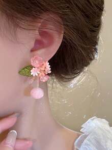 1 Pair 2 Pcs Handmade Gradient Color Flower Jewelry Earrings, One-Of-A-Kind Colorful Floral Dangle Earrings, Suitable For Spring/Summer, Delicate & Elegant, Feminine French Country Style, Thoughtful Gift For Girlfriend - Pink - View 7