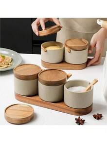 1/2/3 件陶瓷香料罐，带盖、勺子和托盘 - 用于储存盐、糖的调味容器 - 时尚实用的厨房台面配件，适用于家庭和咖啡馆、万圣节和圣诞节派对用品