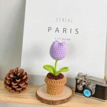 1pc Handmade Crocheted Potted Plant, Tulip/Sunflower/Heart Shaped Flower Desktop Decor, Knit Rose Flower, Forget-Me-Not Potted Plant Gift, Artificial Flowers Desktop Ornament, Party Favor