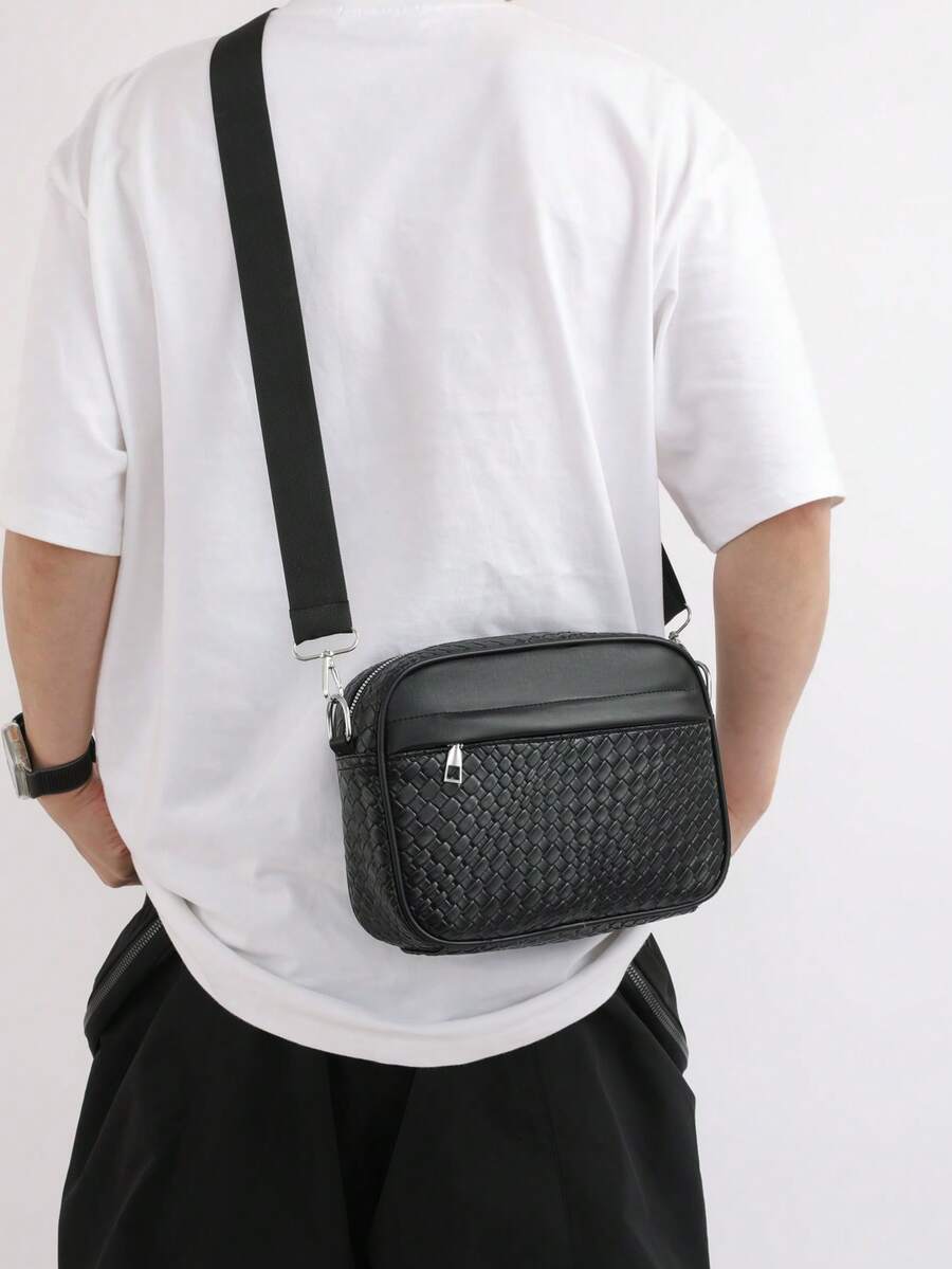 Sac à bandoulière décontracté à carreaux pour hommes, nouveau sac bandoulière en cuir véritable version coréenne, petit sac carré de mode, petit sac à dos de marque patchwork - Noir - Voir 1