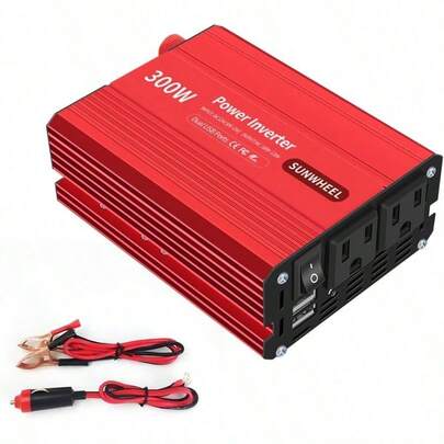 SUNWHEEL Convertidor de corriente de 300 vatios de 12 V CC a 110 V CA adaptador de enchufe de coche con visualización LCD puertos USB duales 2 salidas de CA cargador de coche para computadora