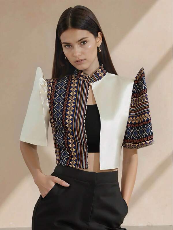 Amyenjoylife Modern Filipiniana Ladies' Spring/Summer Printed Stand Up Collar Bubble Sleeves Short Sleeve Contrast Splicing Short Bolero Filipiniana For Women
