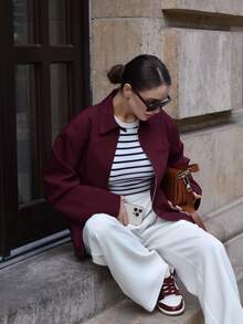 HZXVIC Giacca di moda con zip e bottoni, di colore unito, nuovo modello autunnale per donna, con collo alla coreana, stile casual, leggera - Bordò - Visualizzare 11