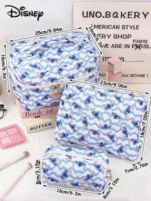 Disney 1件装旅行洗漱包化妆包拉链袋缝线化妆包家用收纳袋印花缝线图案绗缝化妆品整理袋化妆品收纳袋大容量多功能收纳袋 - 藍色 - 查看 3