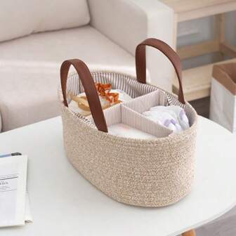 1pc Mother & Baby Supplies Storage Basket, Portable Compartment Storage Basket, Infant Products Carrying Basket, Disposable Diaper Storage Basket, Multi-Functional Divided Storage Basket, Handwoven Diaper Storage Basket