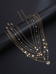 7pcs Set Butterfly, Star, Heart, Geometric Circle Faux Pearl, Crystal Rhinestone, Tassel Pendant Multilayer Necklace Charm, Elegant, Vintage, Chic Design, Suitable For Holiday, Party, Daily Wear, Gift