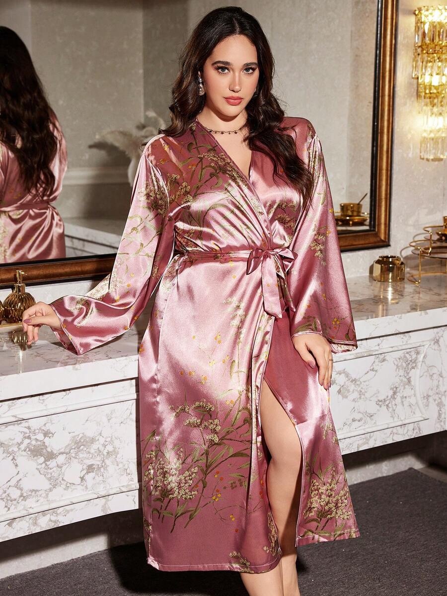 Pink Plus Size Women Bathrobe Print Silk Satin Bath Robe Kimono Homewear Nightwear - 藕粉色 - 查看 1