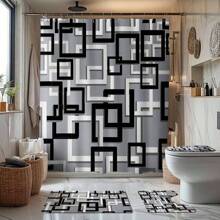 4 Stücke modernes schwarz-graues gestreiftes Badezimmer Set, inklusive Duschvorhang, Badematte, U-förmige Toilettenabdeckung, Toilettendeckelabdeckung, wasserdichter Duschvorhang, modischer Tür-/Fenstervorhang, ohne Bohren erforderlich, Polyester, maschinenwaschbar, Badezimmer Deko für den Schulanfang