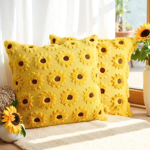 غطاء وسادة مخمل بزهرة عباد الشمس ثلاثية الأبعاد كانت القطعة الواحدة ، ستايل إسكندنافي أسلوب ريفي لأجواء ديكور، بحجم 18 بوصة * 18 بوصة، لغرفة المعيشة أريكة النوم لأجواء الخريف ، بدون حشوة وسادة