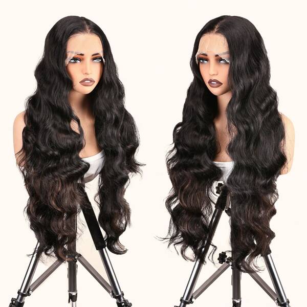 Front Lace Swiss HD Lace 13*6 Wavy Long Hair Super Long Hair Pre-Plucked Middle Parting Arbitrary Parting 32in With Baby Hair Natural Black Honey Gold Highlights Suitable For Party Daily Wear Synthetic Wig High Temperature Silk Ladies Simulation Wig Full Head Cover