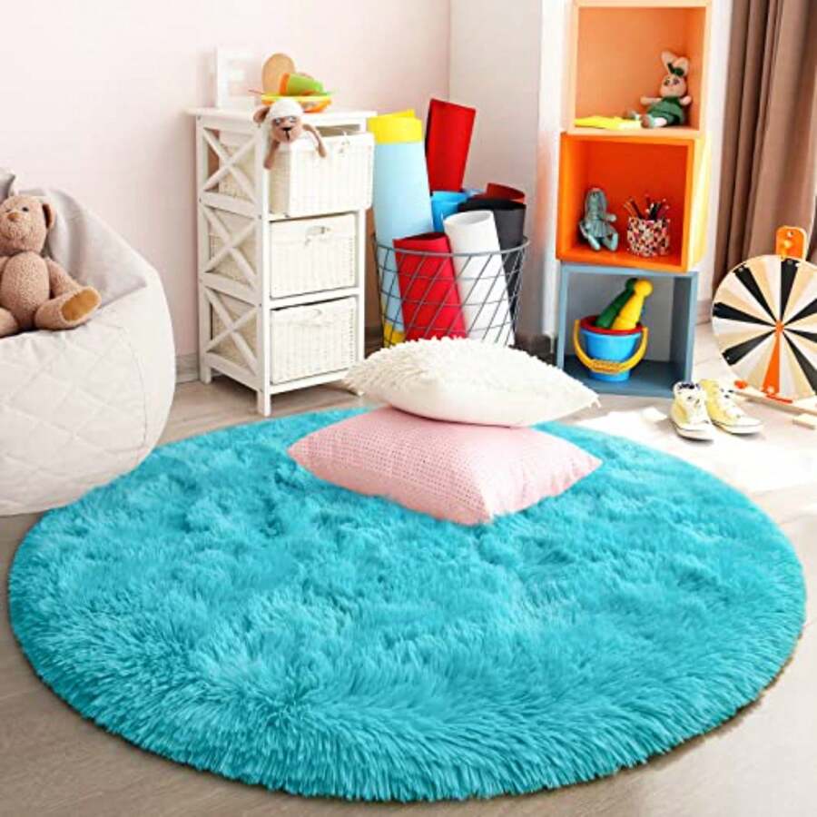 lochas Princess Castle Rug 4ft Round - Teal Blue Fluffy Shag Carpet For Girls Room ,Ultra Soft Non-Slip Nursery Rug, Cute Circle Floor Mat For Toddlers - 水鴨藍 - 查看 1