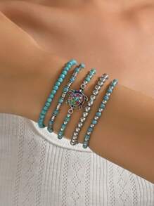 Set de 5 pulseras con cuentas de turquesa, accesorios de diseño con tortuga personalizado, adecuado para uso diario, vacaciones y fiestas para mujeres