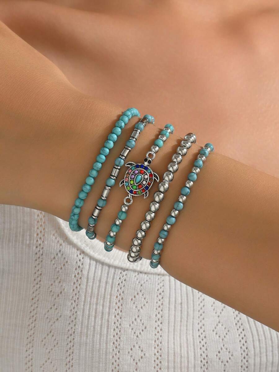 Set de 5 pulseras con cuentas de turquesa, accesorios de diseño con tortuga personalizado, adecuado para uso diario, vacaciones y fiestas para mujeres