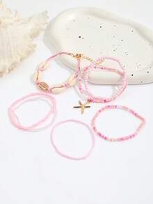 7 件套波西米亚贝壳和种子珠手链，配海星吊饰，混色，适合女士 - 粉色 - 查看 5