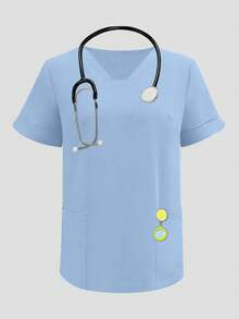 Solid Color V-Neck Short Sleeve Top And Split Flare Pant Lab Coat Nurse Scrub Uniform Set, Scrub Uniform For Pet Hospital Clinic Private Nursing Work Outfit Top And Pant With Pockets - Màu xanh nhạt - Xem 5